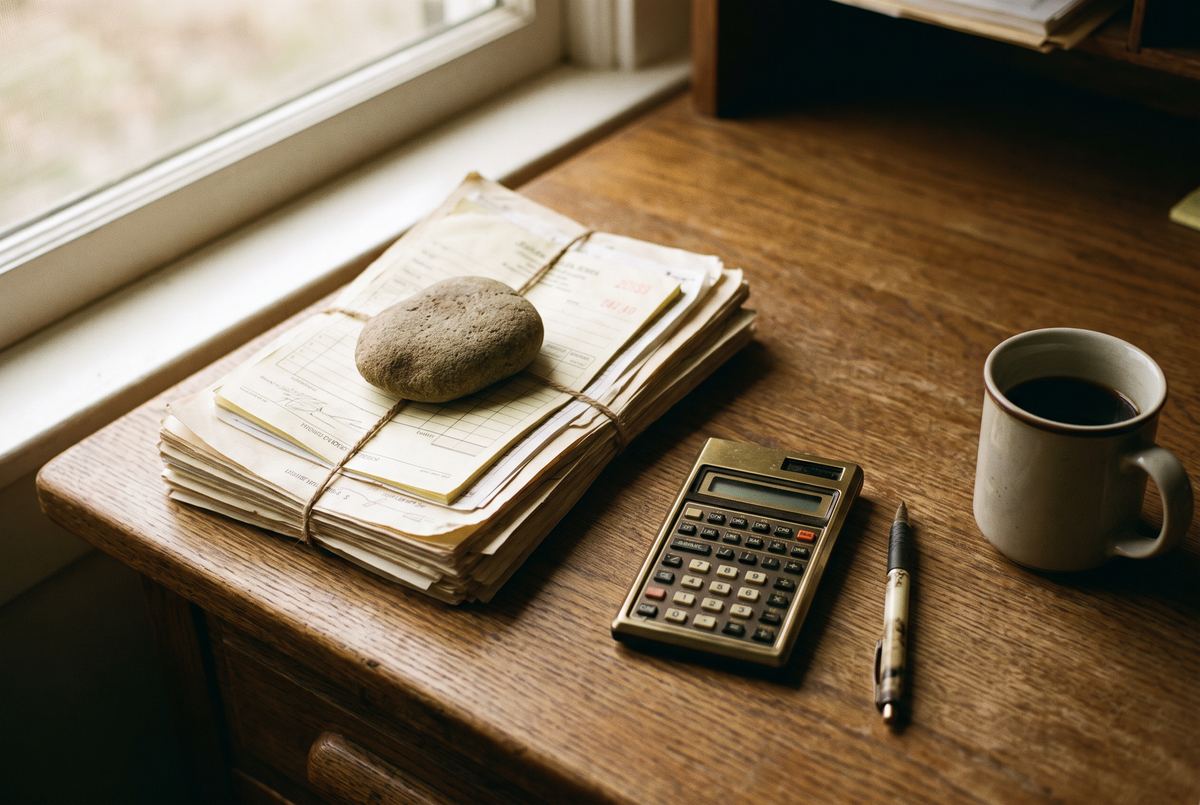 Factures d’artisans empilées sur un bureau, à côté d’une calculatrice