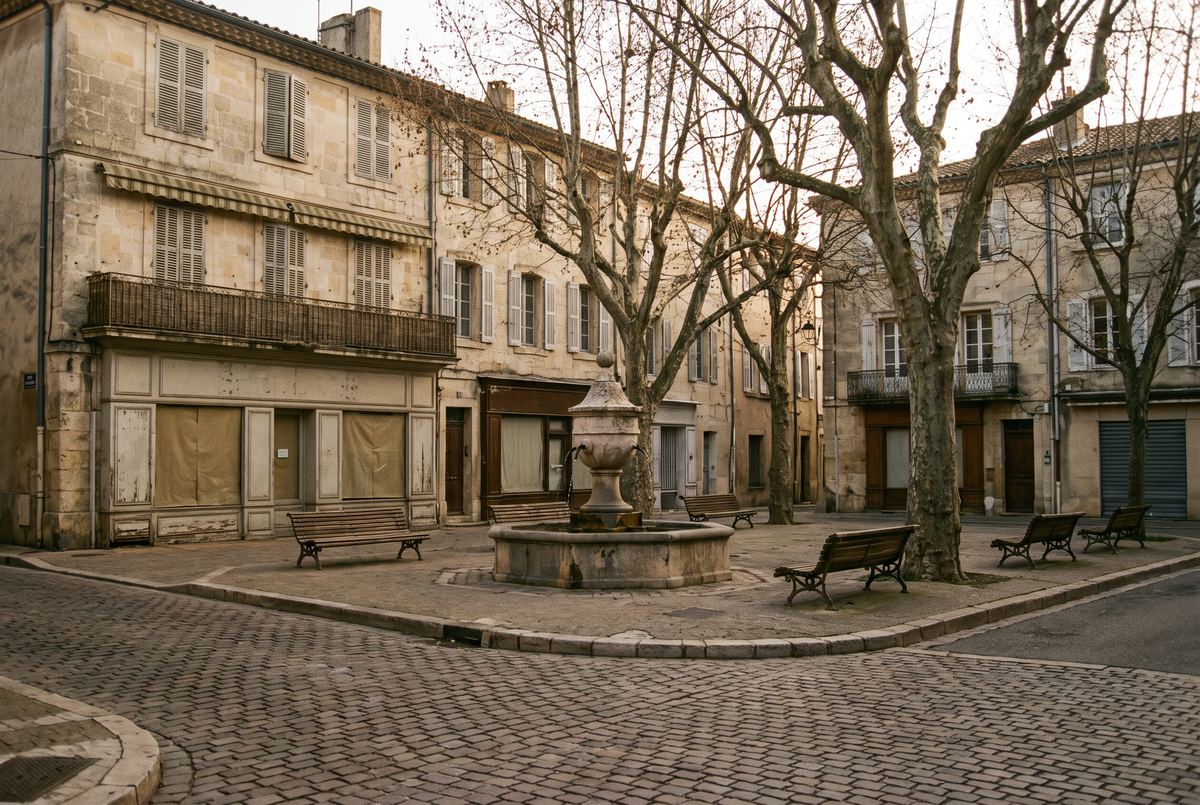 Place d’un petit centre-ville français, fontaine et platanes