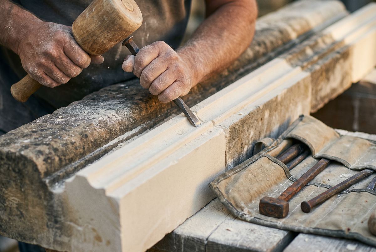 Mains d’un tailleur de pierre travaillant une moulure au ciseau