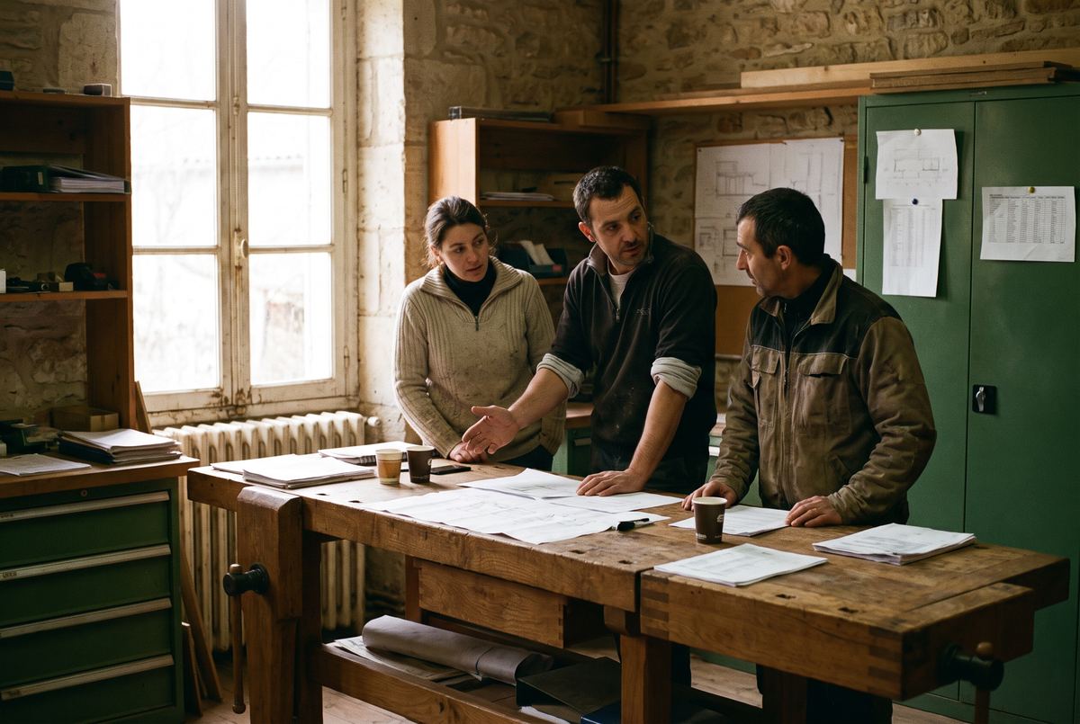 Trois associés en discussion autour d’un plan de travail