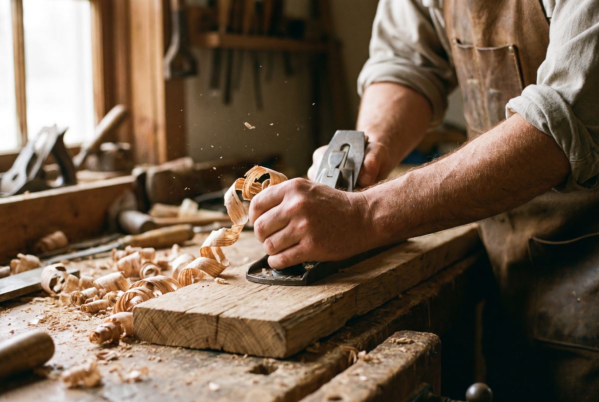 Mains d’un artisan au travail sur un établi