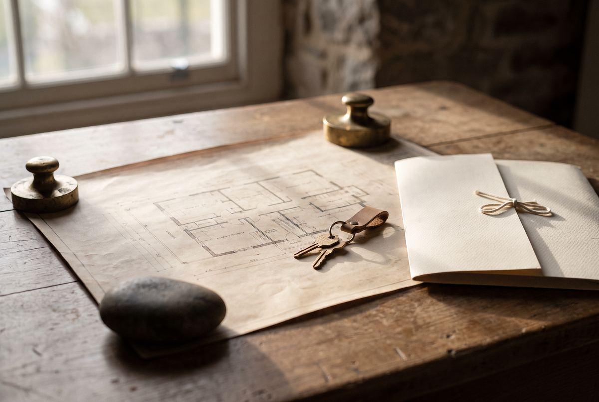 Plan du logement et jeu de clés posés sur une table en bois