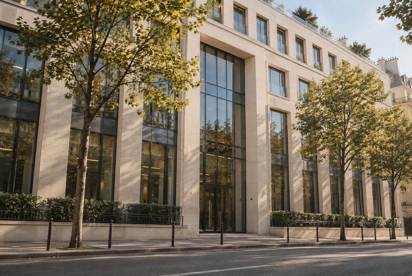 Immeuble de bureaux en pierre claire et grandes baies vitrées, derrière une rangée d’arbres