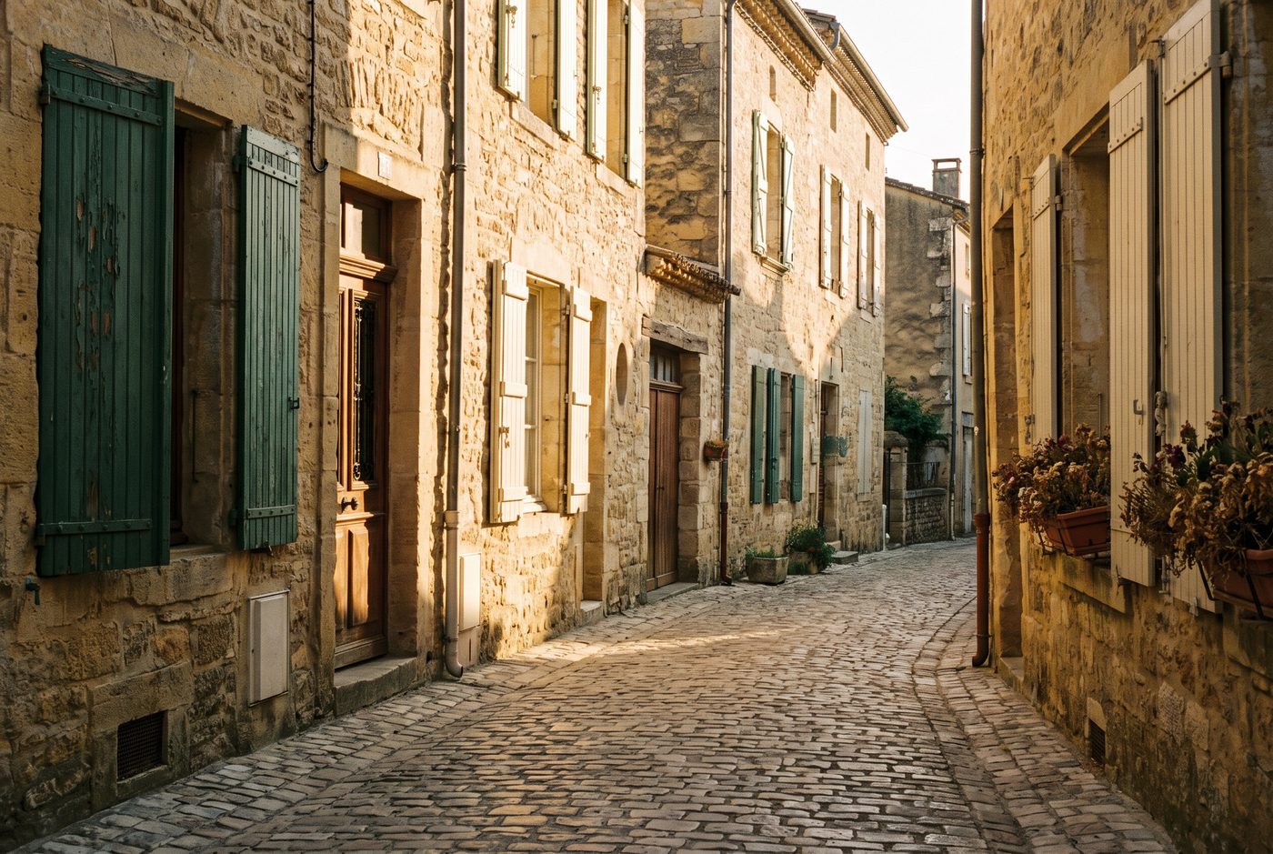 Rue pavée d’un village français aux façades de pierre, en fin de journée