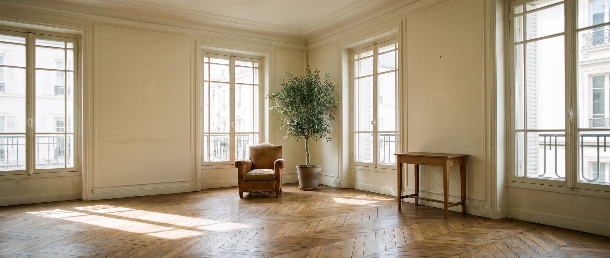 Grand appartement ancien rénové, parquet en point de Hongrie et hautes fenêtres