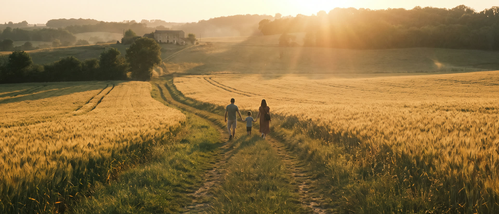 Chemin traversant des champs de blé au coucher du soleil