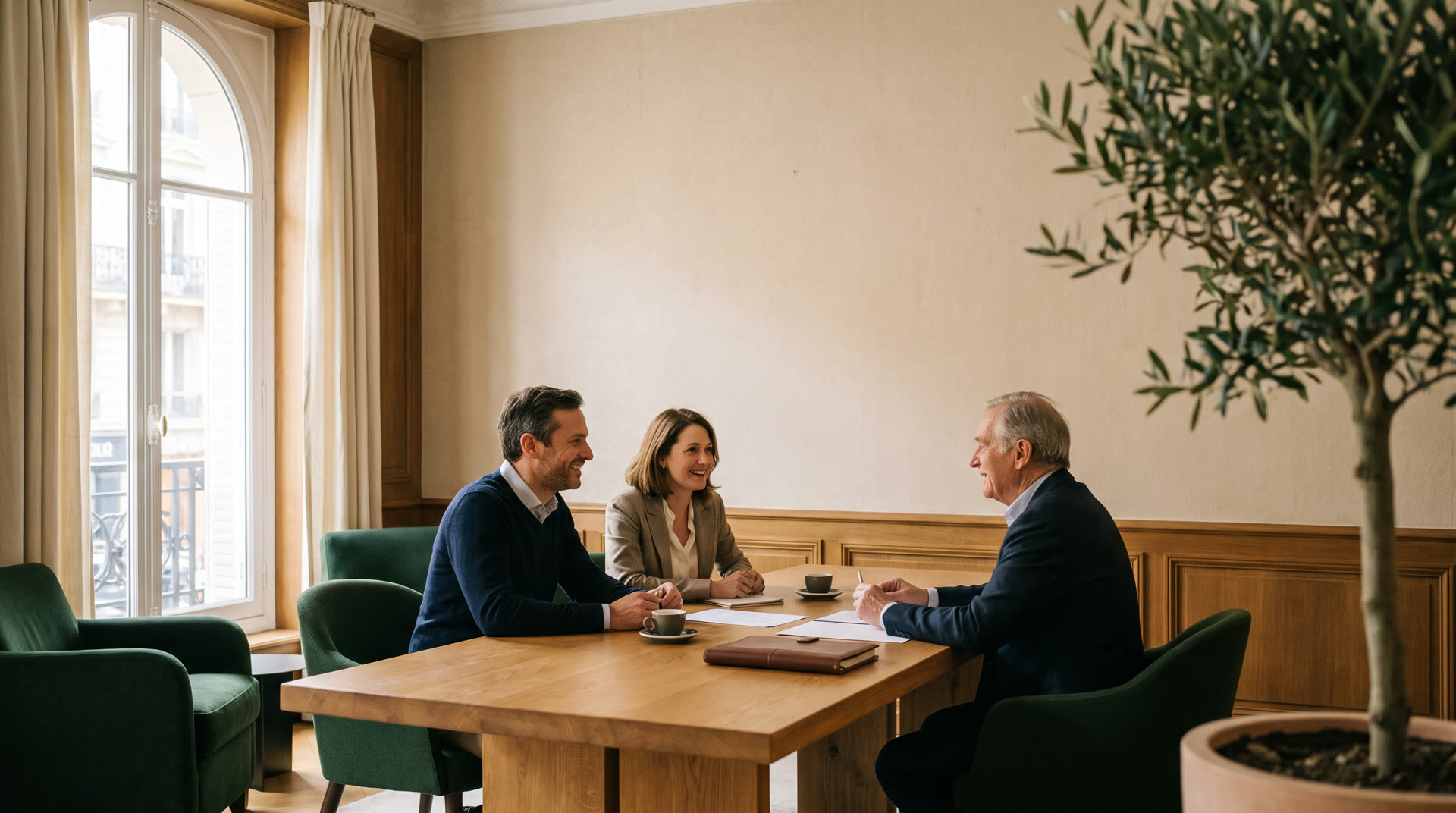 Rendez-vous de conseil patrimonial autour d'une table en chêne
