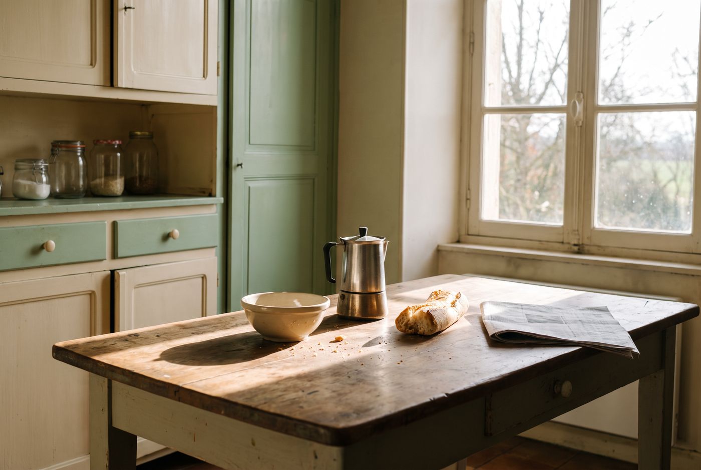 Table de cuisine française le matin, lumière par la fenêtre