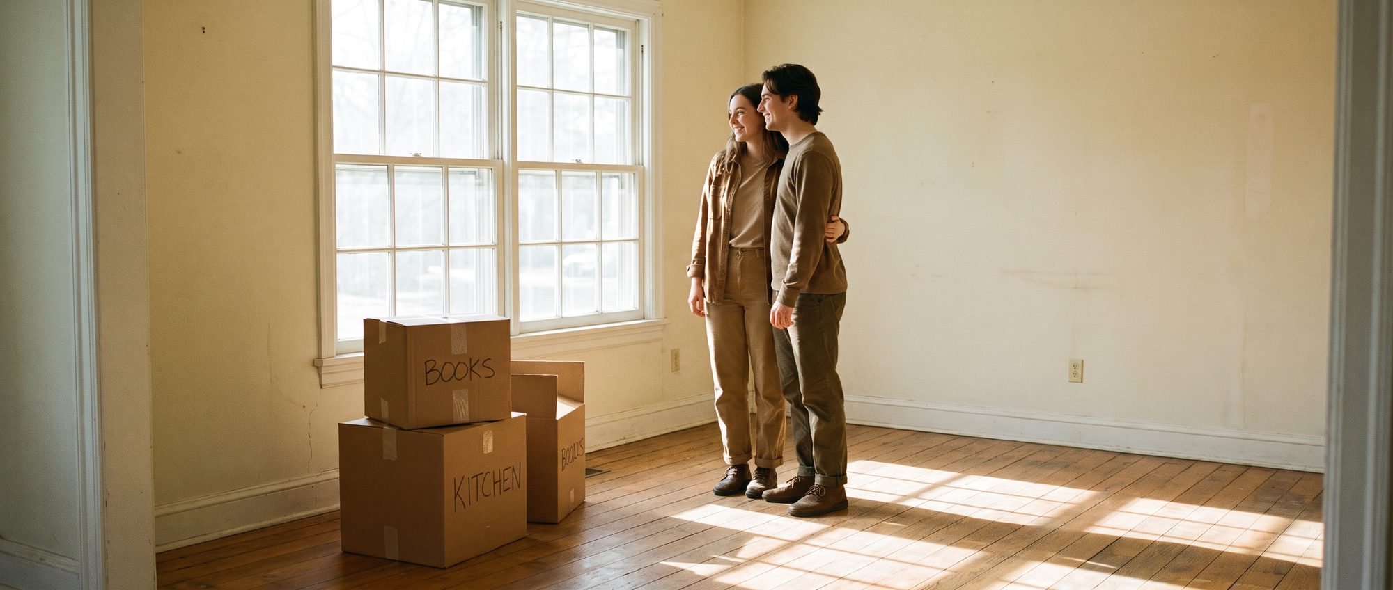 Un jeune couple dans le salon vide de son premier logement, cartons au sol