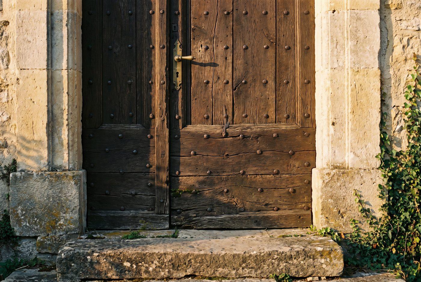 Porte ancienne en chêne massif d’une maison en pierre