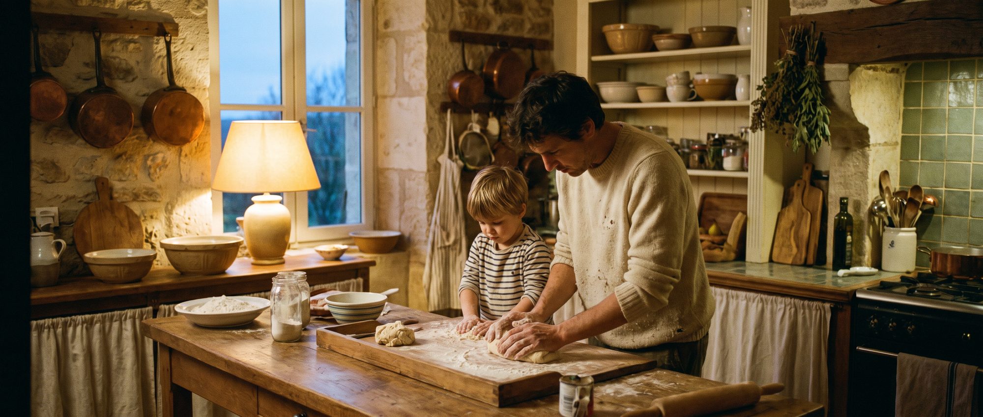 Un parent et son enfant préparent le repas dans une cuisine, en début de soirée