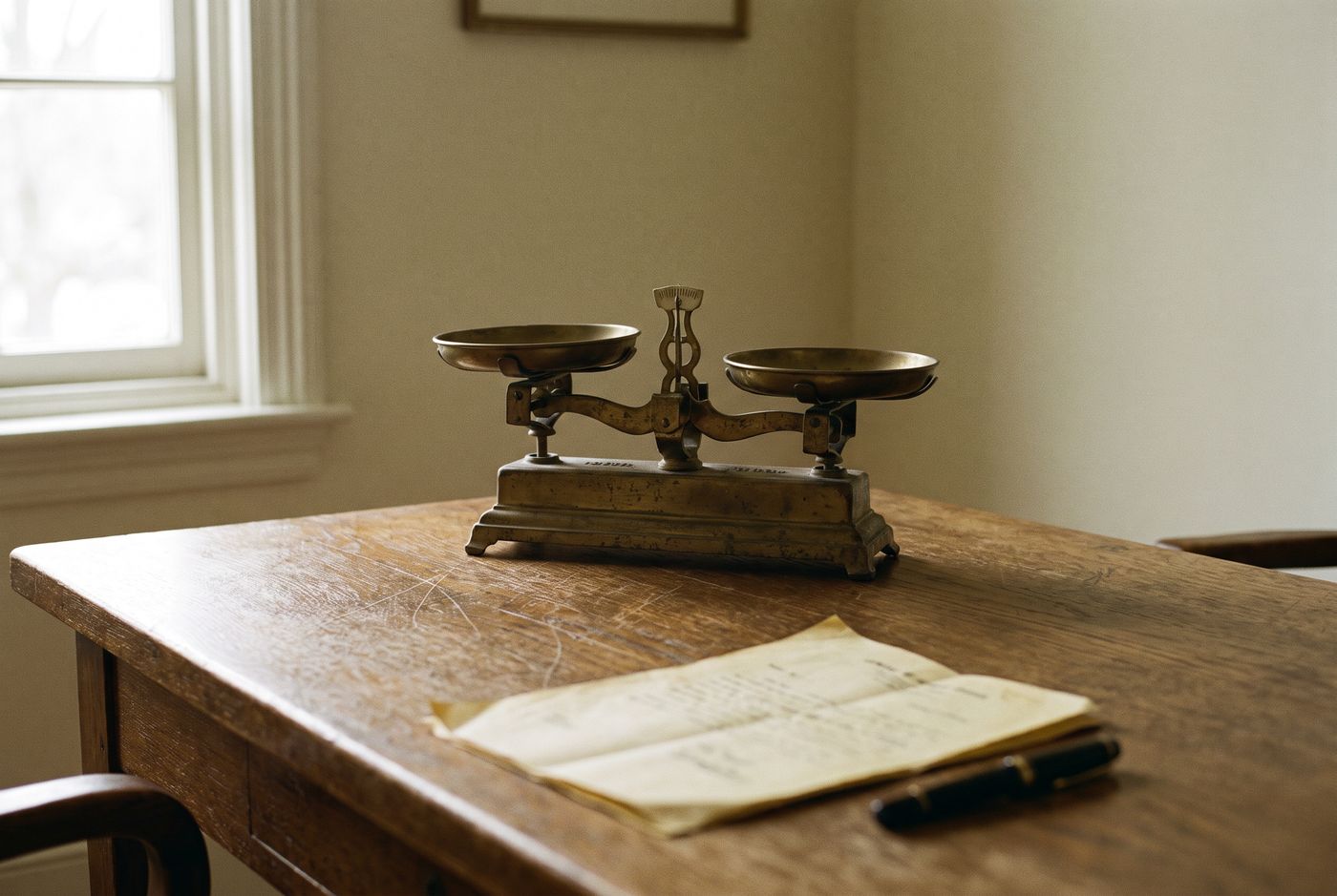Balance en laiton ancienne posée sur une table en chêne