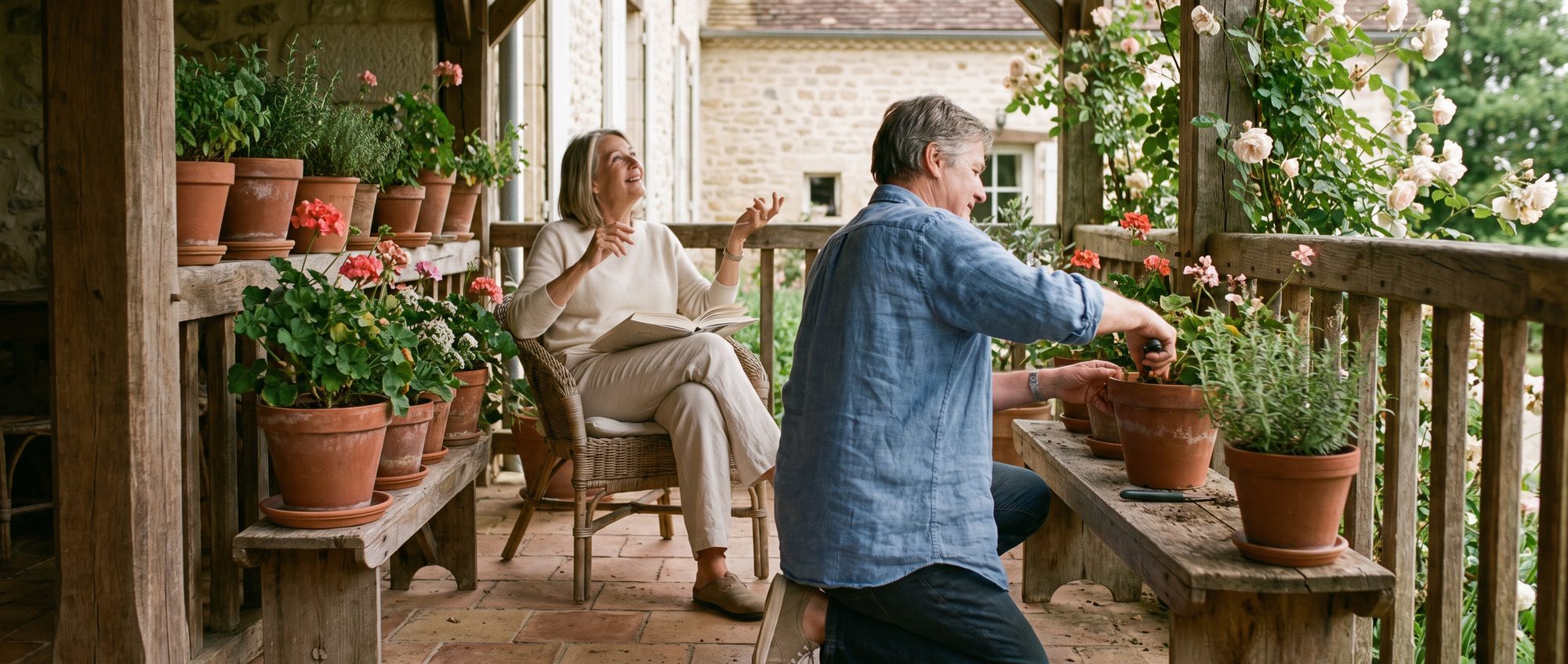 Un couple sur la véranda d’une maison de campagne, en fin de journée