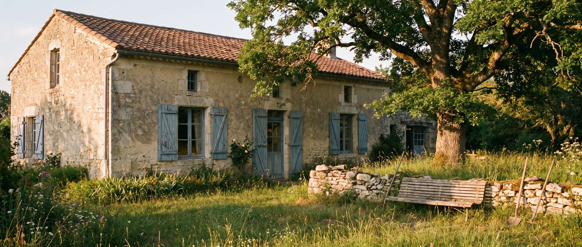 Maison de famille en pierre et son jardin, en fin de journée